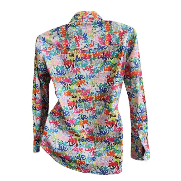 APNY Grafitti Love Print-Boyfriend Button Up Shirt-NWT-Cotton-Streetwear-XS - Picture 6 of 14